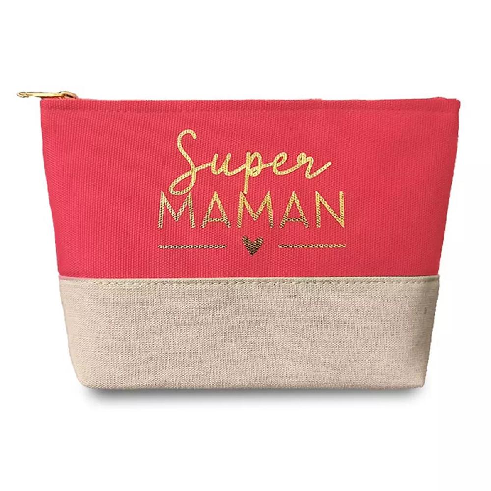 les trésors de lily Trousse à maquillage toile 'Super Maman' framboise beige 24x17 cm [A2093]