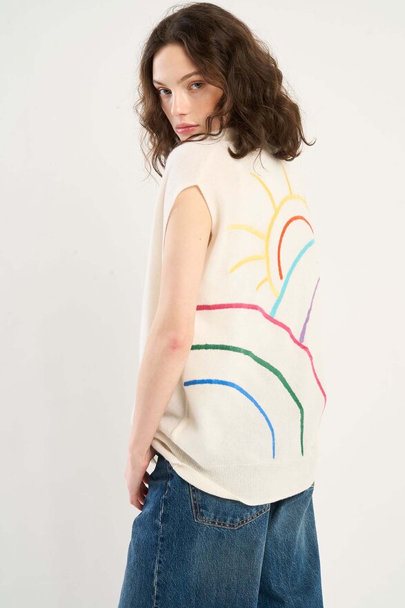 les tricots de léa Gilet à broderie dos sans manches en 100% Cachemire GRISELDA Milk