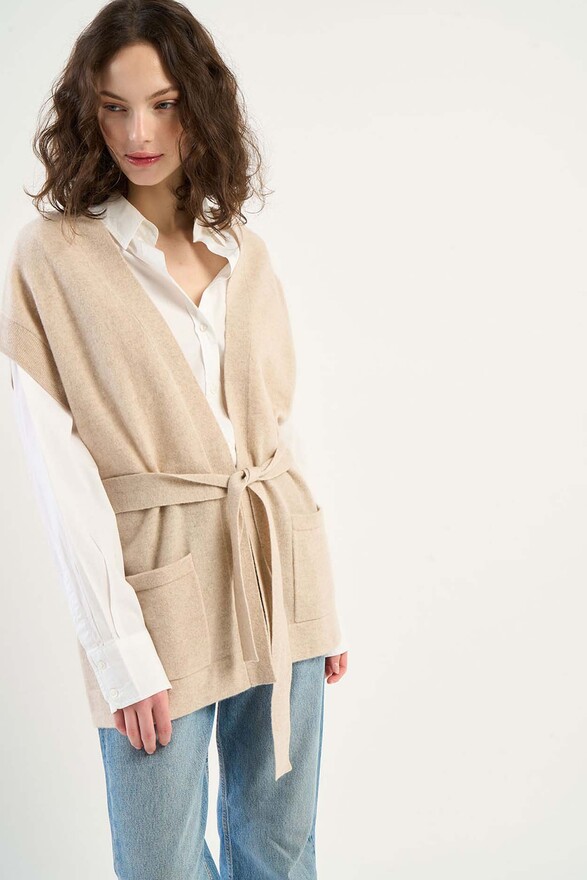 Les Tricots De Léa Gilet Ceinturé En 100% Cachemire GOOTY Beige Chiné