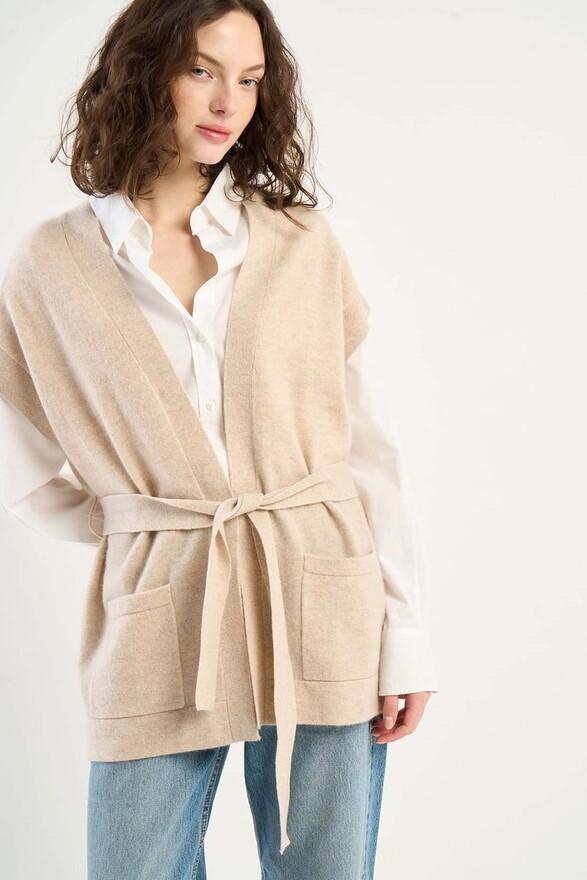 les tricots de léa Gilet ceinturé en 100% Cachemire GOOTY Beige chiné