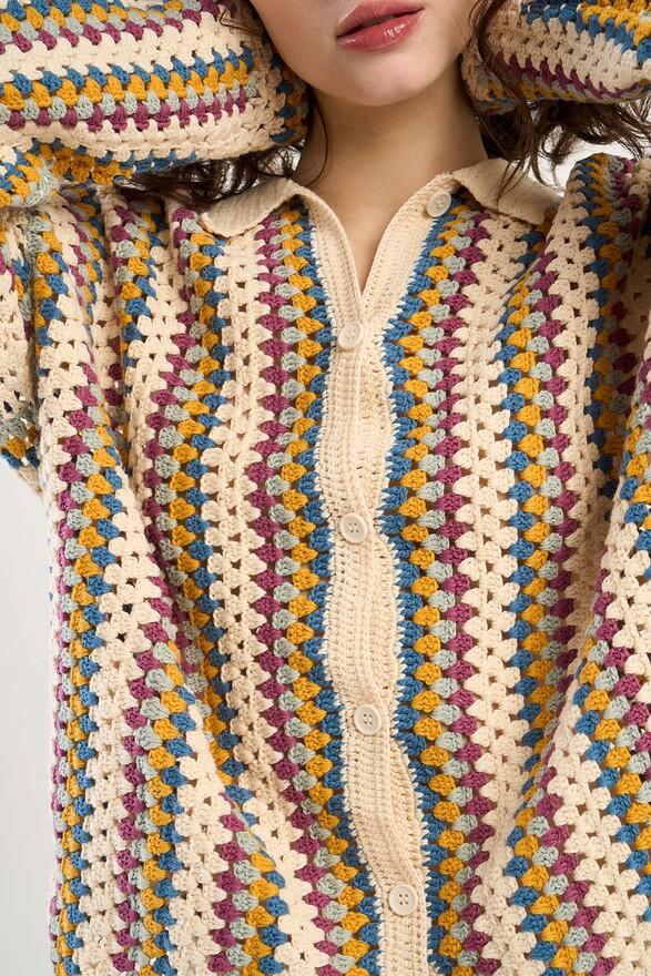Les Tricots De Léa Gilet Chemise En Crochet En 100% Coton Fait Main GEORGETTE Sunlight