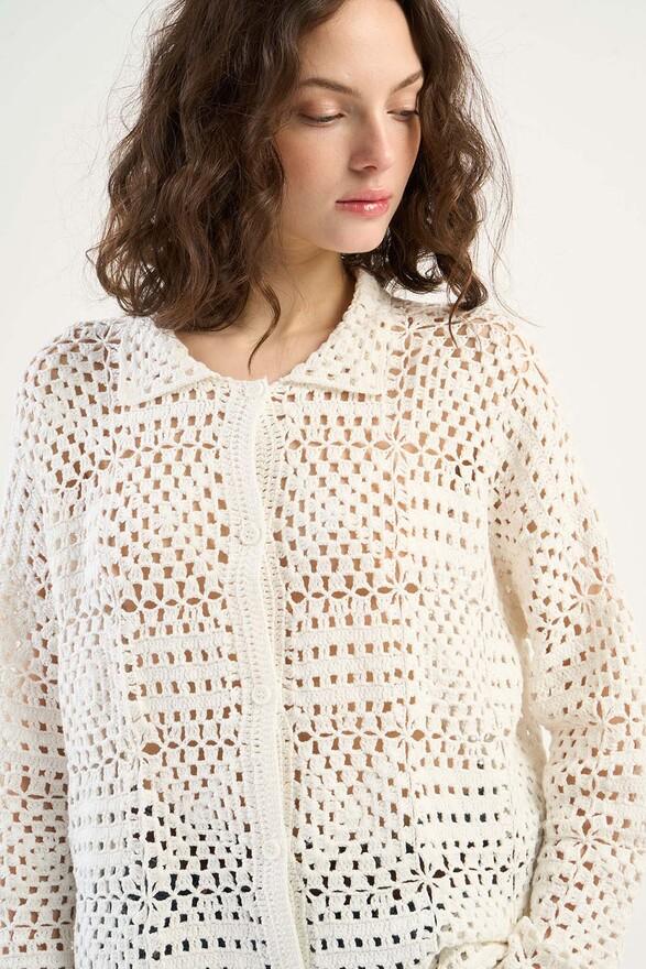 Les Tricots De Léa Gilet Chemise En Crochet En 100% Coton Fait Main GINOU Milk