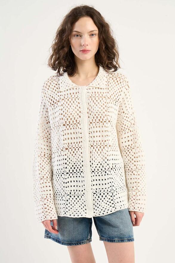 les tricots de léa Gilet chemise en crochet en 100% Coton fait main GINOU Milk