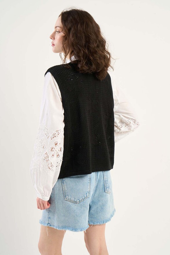 Les Tricots De Léa Gilet Sans Manches En Crochet à Fleurs En Coton GENOVY Noir