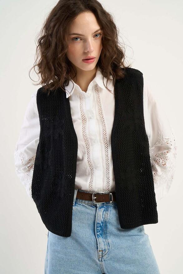 les tricots de léa Gilet sans manches en crochet à fleurs en Coton GENOVY Noir