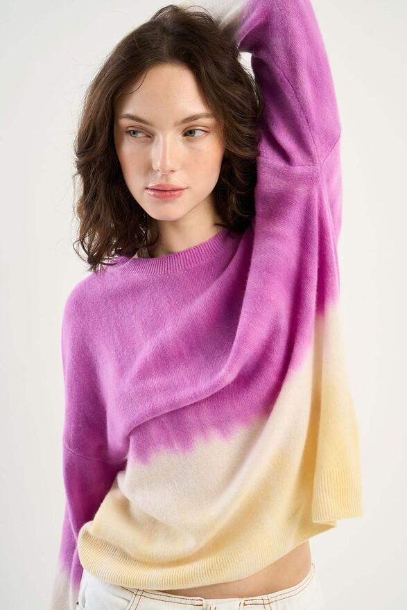 les tricots de léa Pull col rond tie and dye en 100% Cachemire MALOUY Cassis