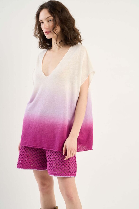 Les Tricots De Léa Pull Col V Dip Dye En 100% Lin MAZORA Cassis