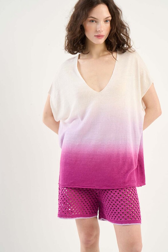 Les Tricots De Léa Pull Col V Dip Dye En 100% Lin MAZORA Cassis