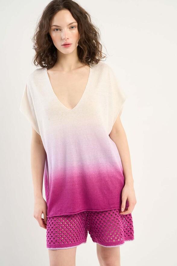 les tricots de léa Pull col V dip dye en 100% Lin MAZORA Cassis