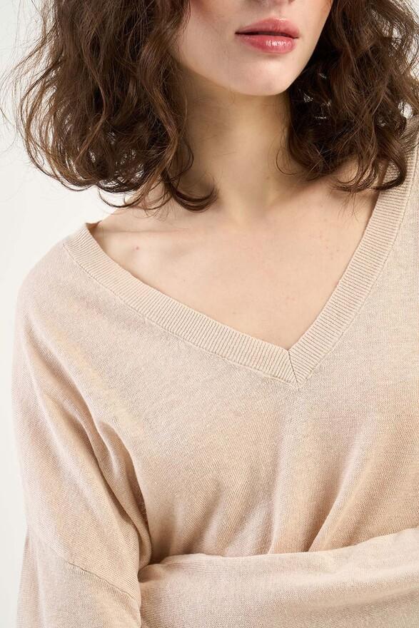 Les Tricots De Léa Pull Col V En 100% Lin MAJANE Beige Chiné
