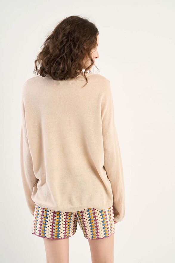 Les Tricots De Léa Pull Col V En 100% Lin MAJANE Beige Chiné
