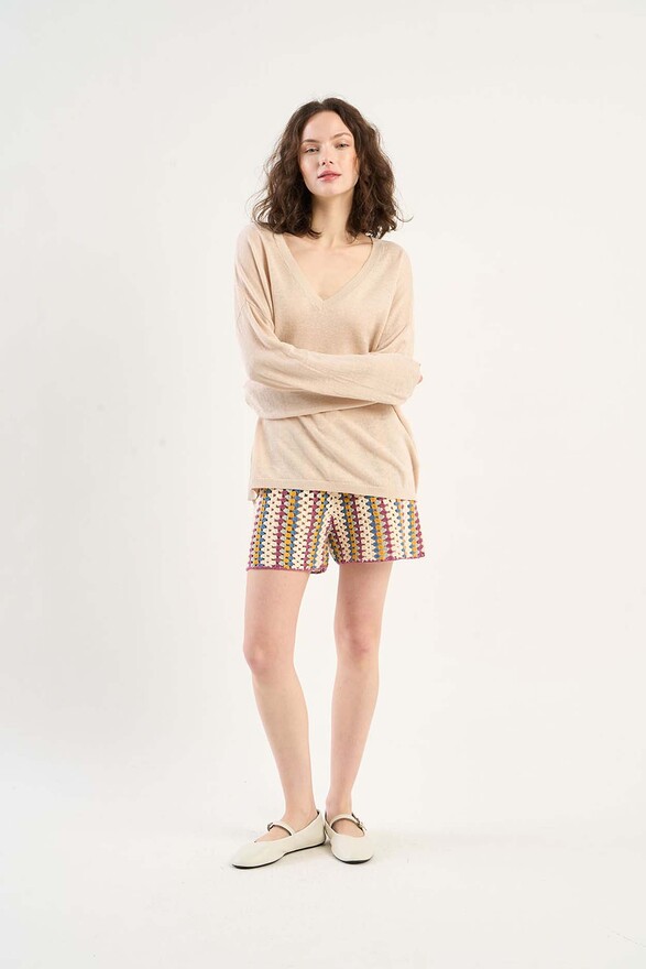 Les Tricots De Léa Pull Col V En 100% Lin MAJANE Beige Chiné