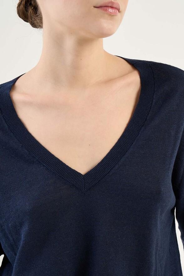 Les Tricots De Léa Pull Col V En 100% Lin MAJANE Marine