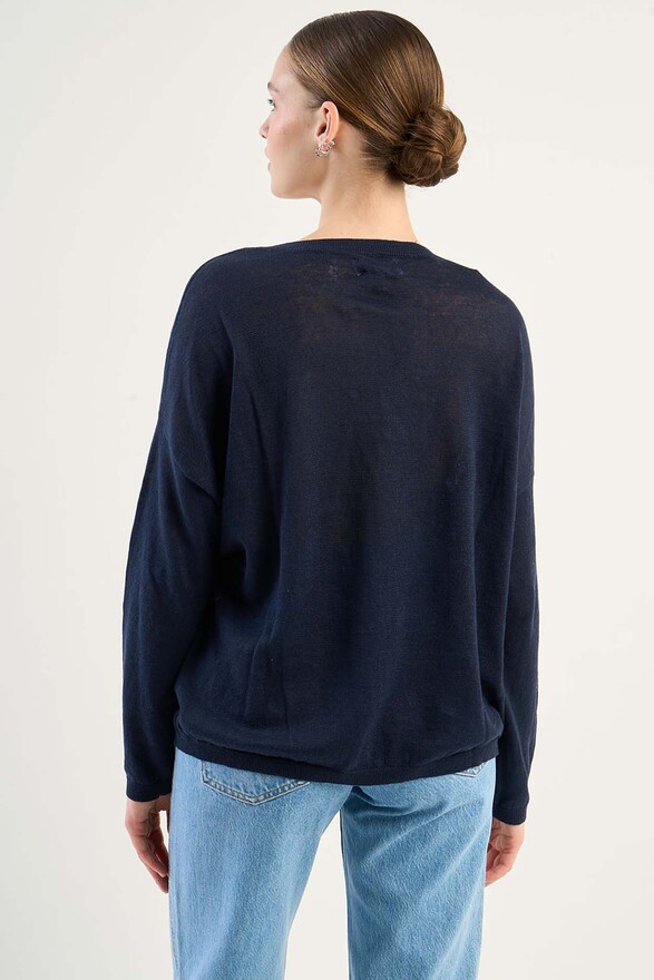 Les Tricots De Léa Pull Col V En 100% Lin MAJANE Marine