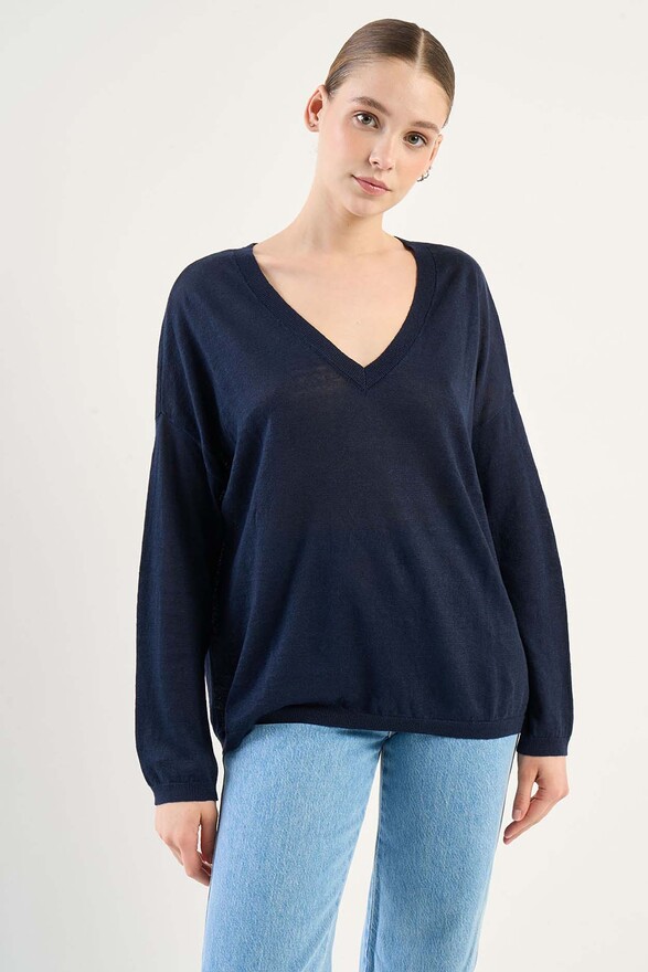 Les Tricots De Léa Pull Col V En 100% Lin MAJANE Marine