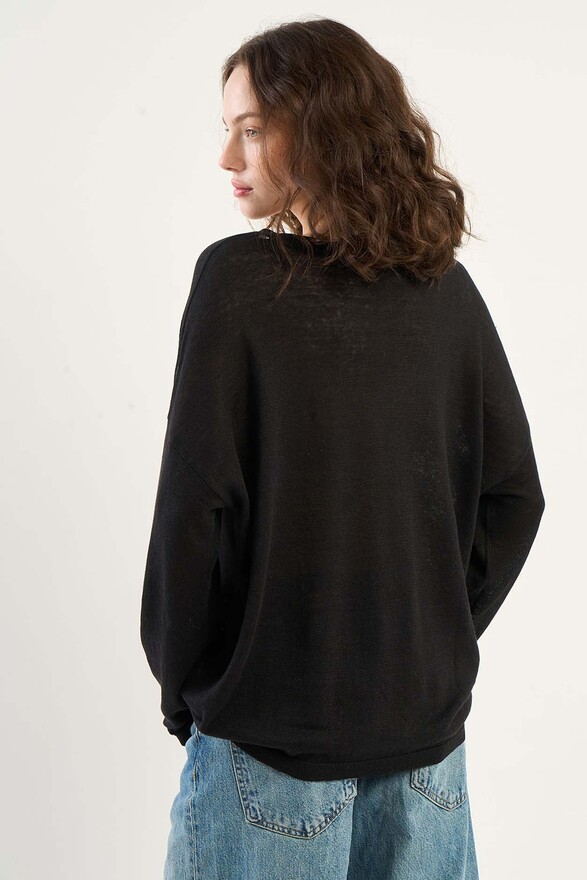 Les Tricots De Léa Pull Col V En 100% Lin MAJANE Noir