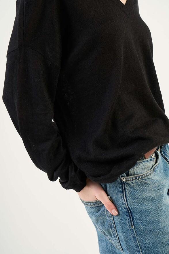 Les Tricots De Léa Pull Col V En 100% Lin MAJANE Noir