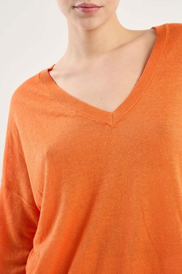 Les Tricots De Léa Pull Col V En 100% Lin MAJANE Tangerine