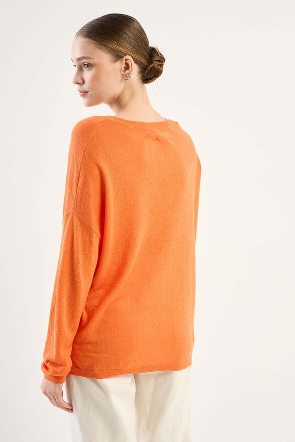 Les Tricots De Léa Pull Col V En 100% Lin MAJANE Tangerine