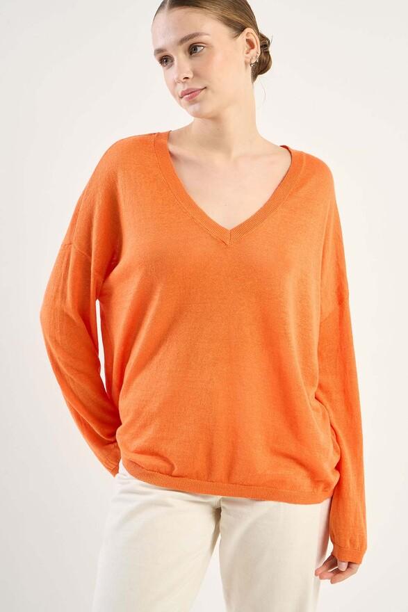 Les Tricots De Léa Pull Col V En 100% Lin MAJANE Tangerine