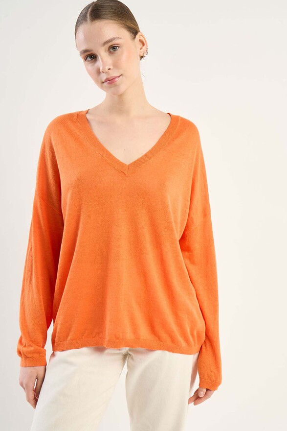 les tricots de léa Pull col V en 100% Lin MAJANE Tangerine les tricots de léa Pull col V en 100% Lin MAJANE Tangerine
