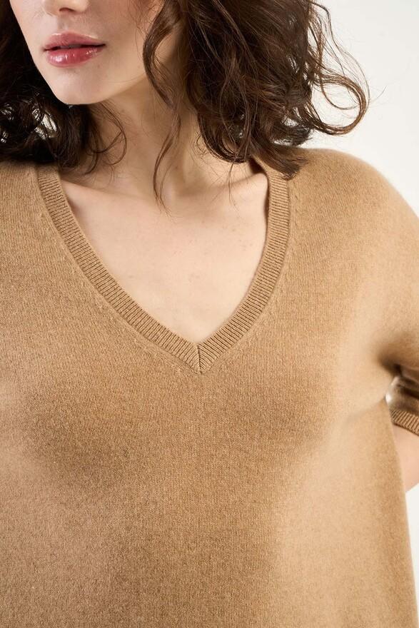 Les Tricots De Léa Pull Col V Manches 3/4 En 100% Cachemire MARTINETTIE Camel