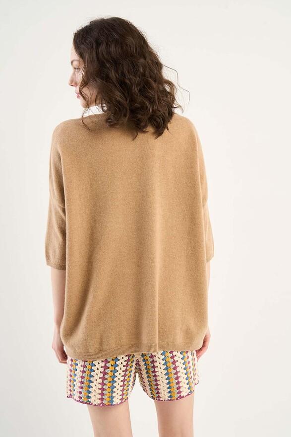 Les Tricots De Léa Pull Col V Manches 3/4 En 100% Cachemire MARTINETTIE Camel