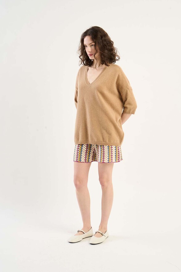 Les Tricots De Léa Pull Col V Manches 3/4 En 100% Cachemire MARTINETTIE Camel