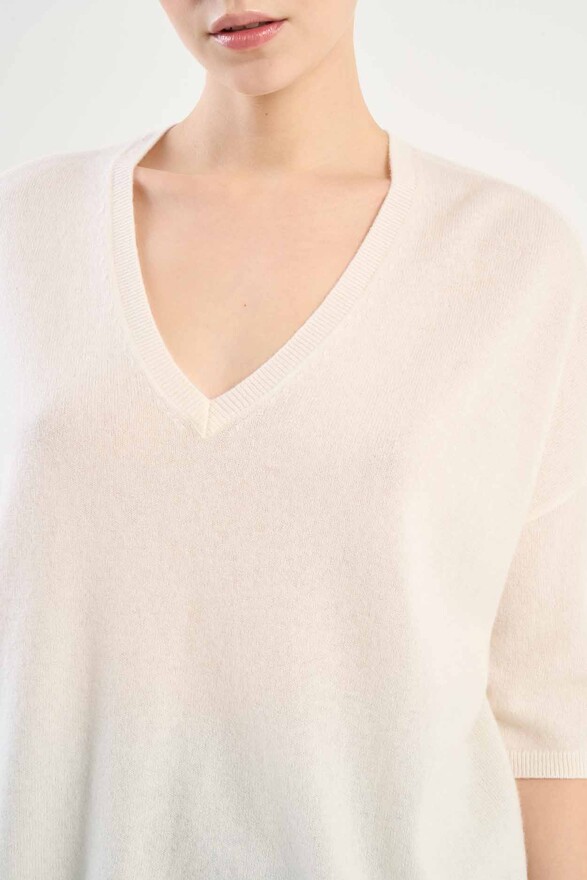 Les Tricots De Léa Pull Col V Manches 3/4 En 100% Cachemire MARTINETTIE Milk