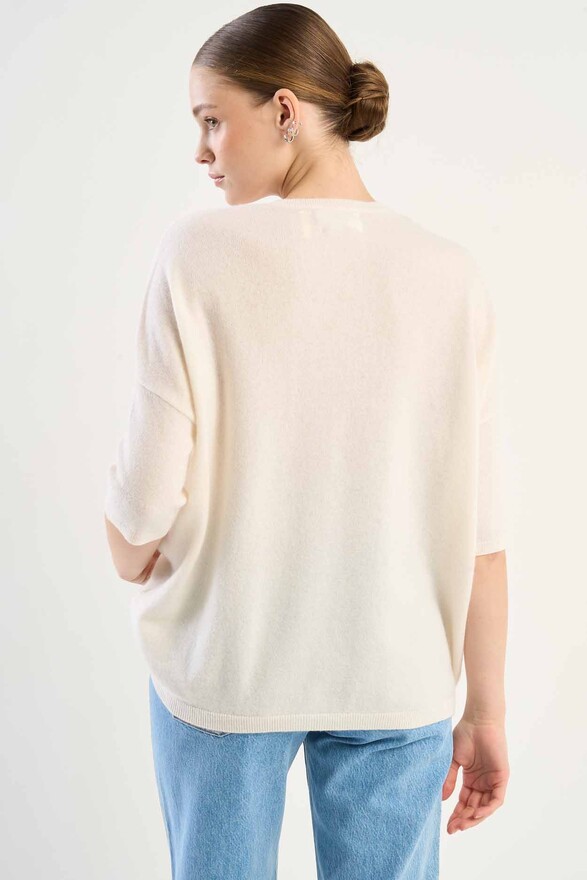 Les Tricots De Léa Pull Col V Manches 3/4 En 100% Cachemire MARTINETTIE Milk