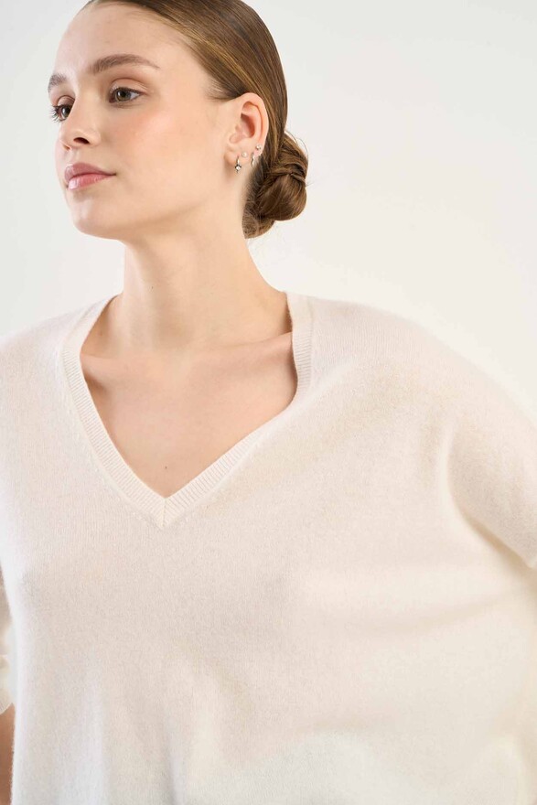 Les Tricots De Léa Pull Col V Manches 3/4 En 100% Cachemire MARTINETTIE Milk