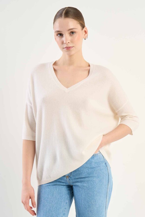 les tricots de léa Pull col V manches 3/4 en 100% Cachemire MARTINETTIE Milk