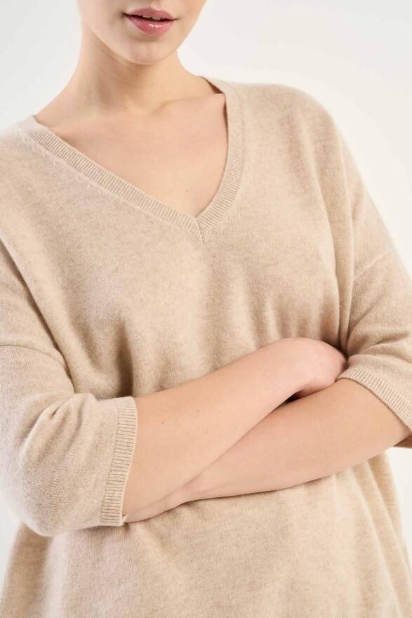 Les Tricots De Léa Pull Col V Manches 3/4 En 100% Cachemire MARTINETTIE Beige Chiné