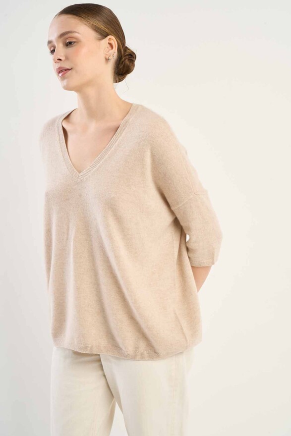Les Tricots De Léa Pull Col V Manches 3/4 En 100% Cachemire MARTINETTIE Beige Chiné