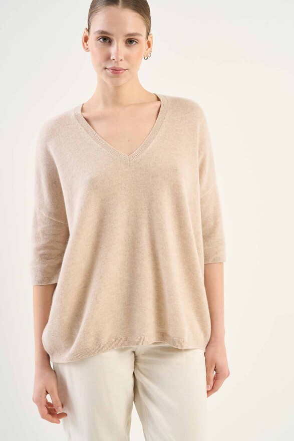 les tricots de léa Pull col V manches 3/4 en 100% Cachemire MARTINETTIE Beige chiné