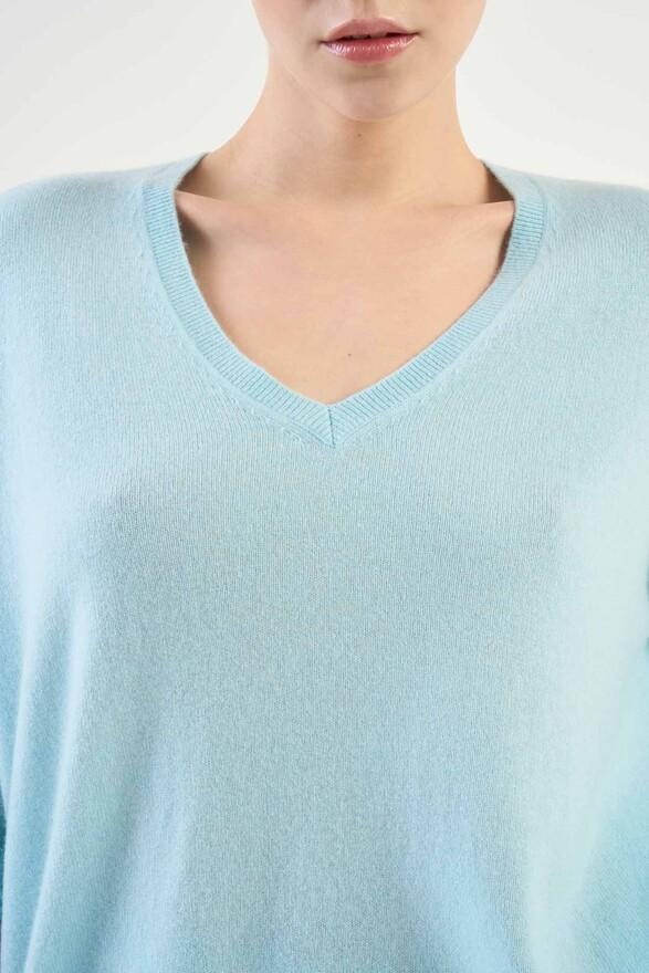 Les Tricots De Léa Pull Col V Manches 3/4 En 100% Cachemire MARTINETTIE Baby Blue