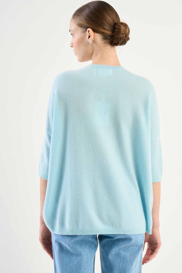 Les Tricots De Léa Pull Col V Manches 3/4 En 100% Cachemire MARTINETTIE Baby Blue