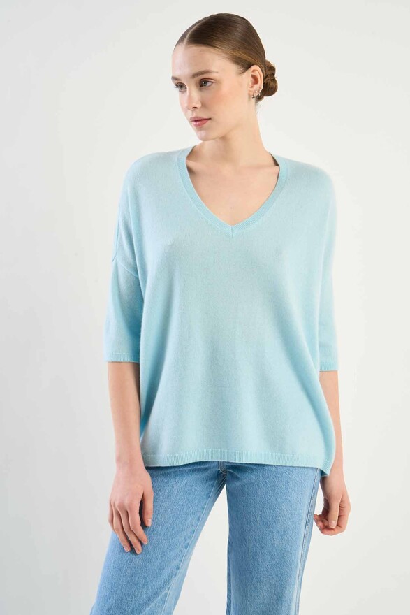 Les Tricots De Léa Pull Col V Manches 3/4 En 100% Cachemire MARTINETTIE Baby Blue
