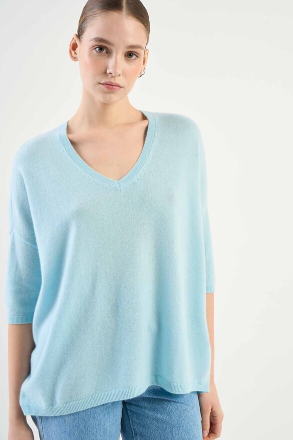 les tricots de léa Pull col V manches 3/4 en 100% Cachemire MARTINETTIE Baby blue