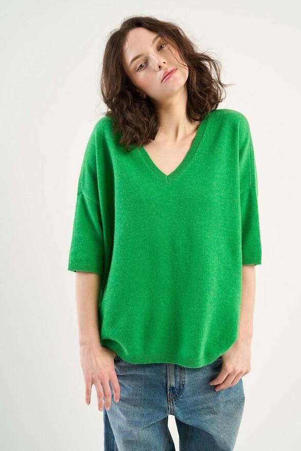 Les Tricots De Léa Pull Col V Manches 3/4 En 100% Cachemire MARTINETTIE Cactus