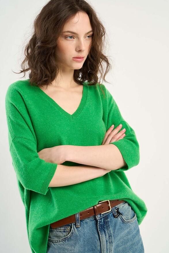 les tricots de léa Pull col V manches 3/4 en 100% Cachemire MARTINETTIE Cactus