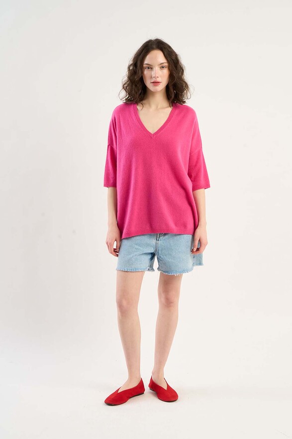 Les Tricots De Léa Pull Col V Manches 3/4 En 100% Cachemire MARTINETTIE Raspberry