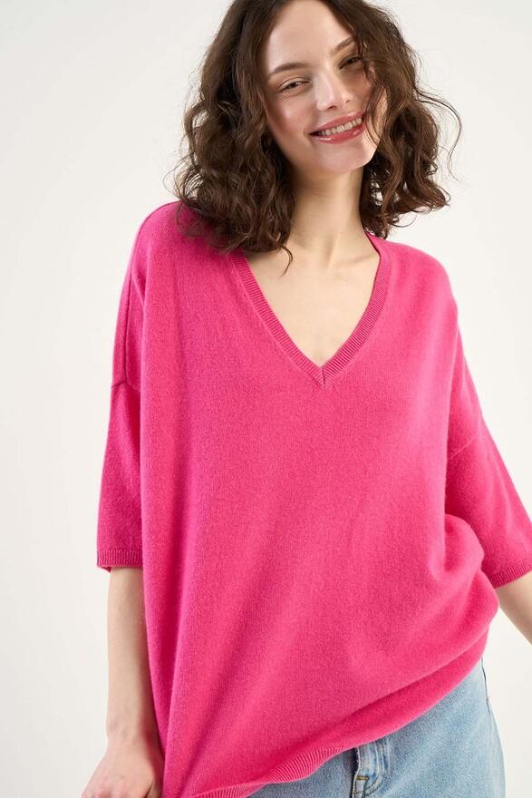 les tricots de léa Pull col V manches 3/4 en 100% Cachemire MARTINETTIE Raspberry