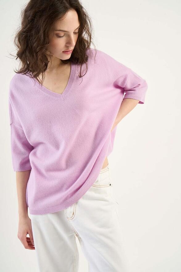 Les Tricots De Léa Pull Col V Manches 3/4 En 100% Cachemire MARTINETTIE Lilac
