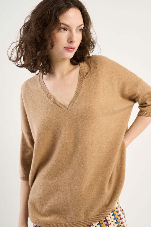 les tricots de léa Pull col V manches 3/4 en 100% Cachemire MARTINETTIE Camel