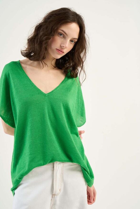 Les Tricots De Léa Pull Col V Sans Manches En 100% Lin MAELLAE Cactus