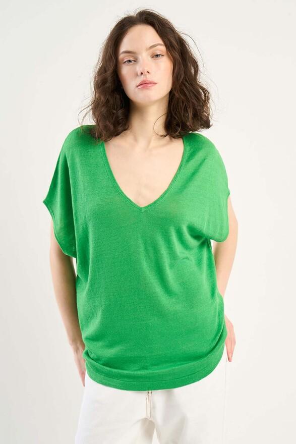 les tricots de léa Pull col V sans manches en 100% Lin MAELLAE Cactus