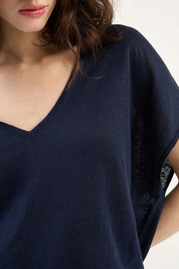 Les Tricots De Léa Pull Col V Sans Manches En 100% Lin MAELLAE Marine