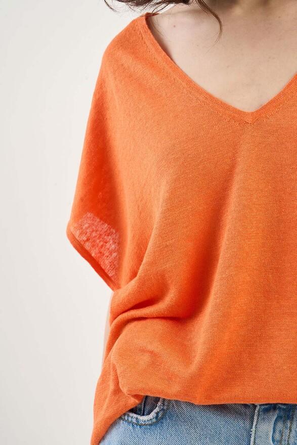 Les Tricots De Léa Pull Col V Sans Manches En 100% Lin MAELLAE Tangerine