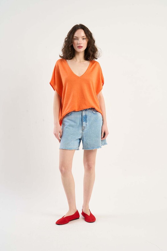 Les Tricots De Léa Pull Col V Sans Manches En 100% Lin MAELLAE Tangerine